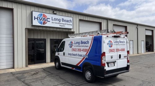 Long Beach HVAC office with team and service vehicles