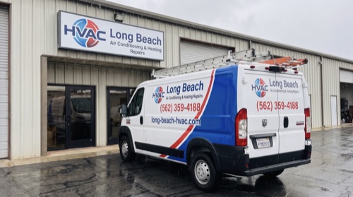 Long Beach HVAC service van at company facility